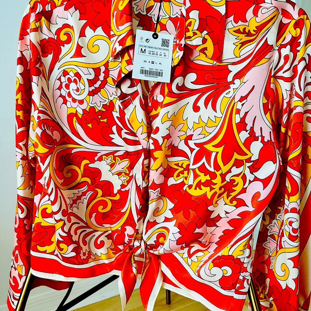 ZARA WOMAN MULTICOLORED FLORAL SATIN EFFECT BLOUSE